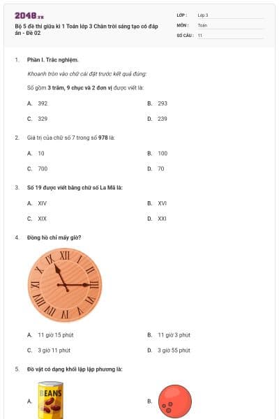 Bộ 5 đề thi giữa kì 1 Toán lớp 3 Chân trời sáng tạo có đáp án - Đề 02