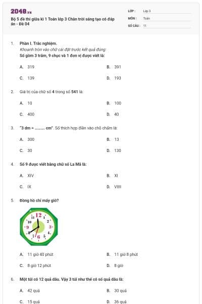 Bộ 5 đề thi giữa kì 1 Toán lớp 3 Chân trời sáng tạo có đáp án - Đề 04