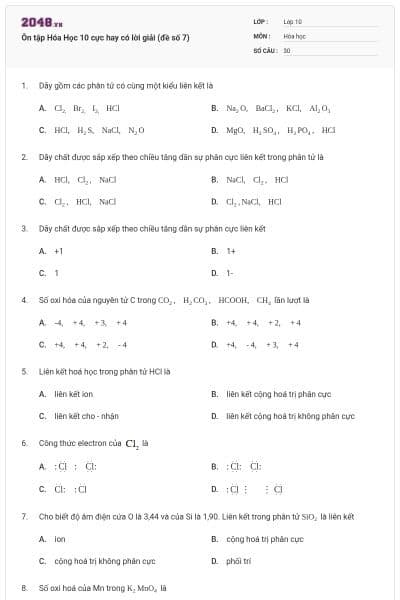 Ôn tập Hóa Học 10 cực hay có lời giải (đề số 7)