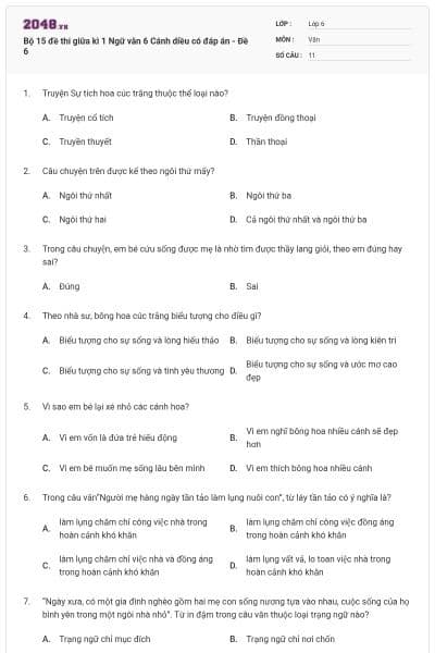 Bộ 15 đề thi giữa kì 1 Ngữ văn 6 Cánh diều có đáp án - Đề 6