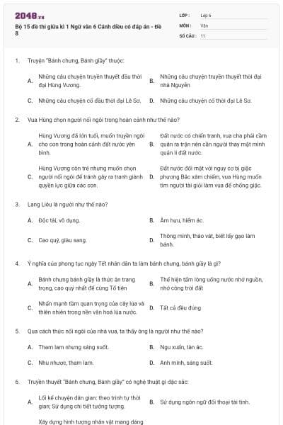 Bộ 15 đề thi giữa kì 1 Ngữ văn 6 Cánh diều có đáp án - Đề 8
