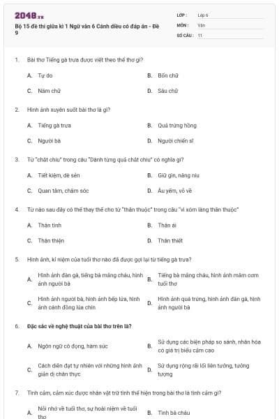 Bộ 15 đề thi giữa kì 1 Ngữ văn 6 Cánh diều có đáp án - Đề 9