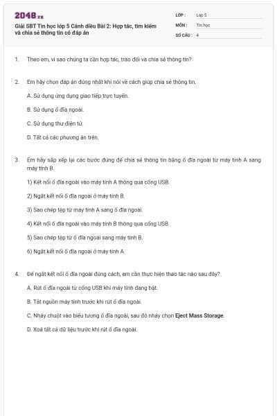 Giải SBT Tin học lớp 5 Cánh diều Bài 2: Hợp tác, tìm kiếm và chia sẻ thông tin có đáp án