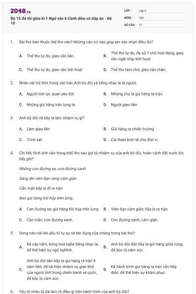 Bộ 15 đề thi giữa kì 1 Ngữ văn 6 Cánh diều có đáp án - Đề 10