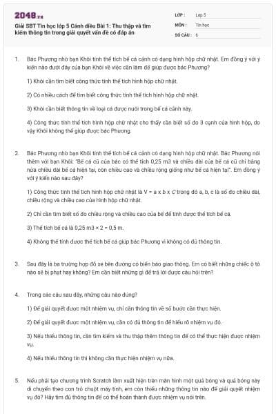 Giải SBT Tin học lớp 5 Cánh diều Bài 1: Thu thập và tìm kiếm thông tin trong giải quyết vấn đề có đáp án