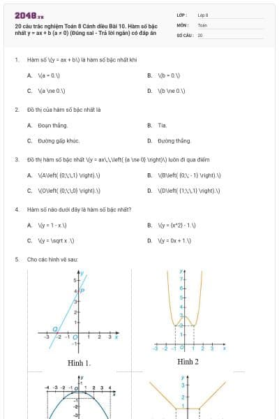 20 câu trắc nghiệm Toán 8 Cánh diều Bài 10. Hàm số bậc nhất y = ax + b (a ≠ 0) (Đúng sai - Trả lời ngắn) có đáp án