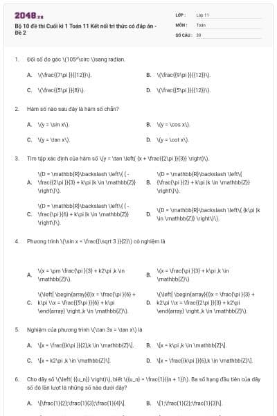 Bộ 10 đề thi Cuối kì 1 Toán 11 Kết nối tri thức có đáp án - Đề 2