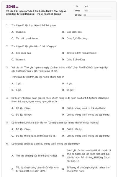 20 câu trắc nghiệm Toán 8 Cánh diều Bài 21. Thu thập và phân loại dữ liệu (Đúng sai - Trả lời ngắn) có đáp án