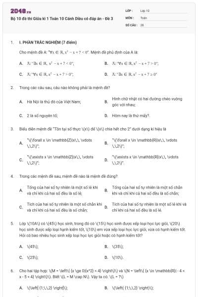 Bộ 10 đề thi Giữa kì 1 Toán 10 Cánh Diều có đáp án - Đề 3