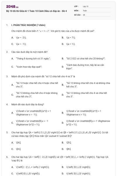 Bộ 10 đề thi Giữa kì 1 Toán 10 Cánh Diều có đáp án - Đề 4