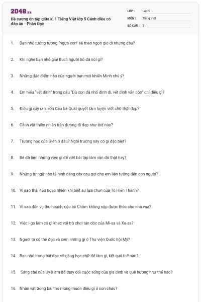 Đề cương ôn tập giữa kì 1 Tiếng Việt lớp 5 Cánh diều có đáp án - Phần Đọc