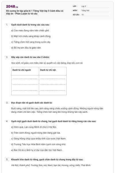 Đề cương ôn tập giữa kì 1 Tiếng Việt lớp 5 Cánh diều có đáp án - Phần Luyện từ và câu