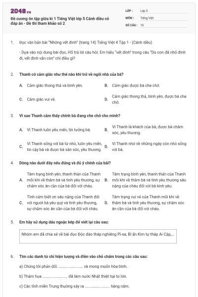 Đề cương ôn tập giữa kì 1 Tiếng Việt lớp 5 Cánh diều có đáp án - Đề thi tham khảo số 2