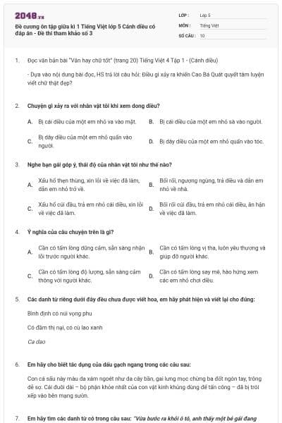 Đề cương ôn tập giữa kì 1 Tiếng Việt lớp 5 Cánh diều có đáp án - Đề thi tham khảo số 3