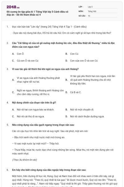 Đề cương ôn tập giữa kì 1 Tiếng Việt lớp 5 Cánh diều có đáp án - Đề thi tham khảo số 4