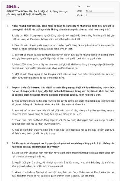 Giải SBT Tin 9 Cánh diều Bài 1: Một số tác động tiêu cực của công nghệ kĩ thuật số có đáp án