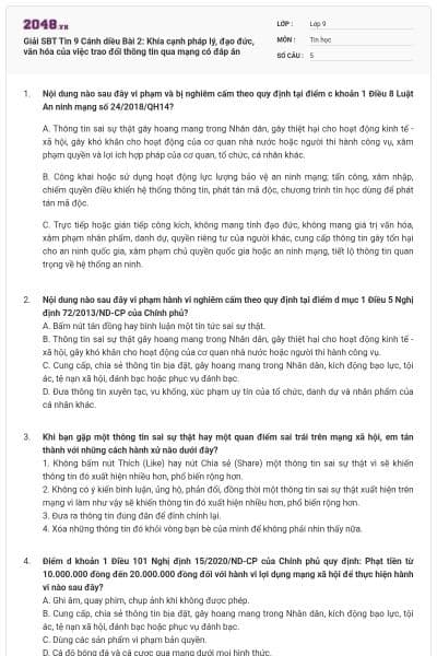 Giải SBT Tin 9 Cánh diều Bài 2: Khía cạnh pháp lý, đạo đức, văn hóa của việc trao đổi thông tin qua mạng có đáp án