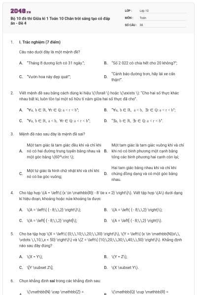 Bộ 10 đề thi Giữa kì 1 Toán 10 Chân trời sáng tạo có đáp án - Đề 4