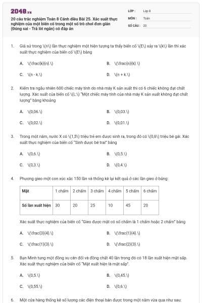 20 câu trắc nghiệm Toán 8 Cánh diều Bài 25. Xác suất thực nghiệm của một biến cố trong một số trò chơi đơn giản (Đúng sai - Trả lời ngắn) có đáp án