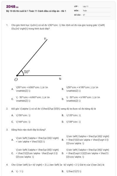Bộ 10 đề thi cuối kì 1 Toán 11 Cánh diều có đáp án - Đề 1