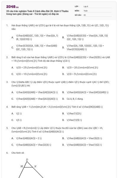 20 câu trắc nghiệm Toán 8 Cánh diều Bài 28. Định lí Thalès trong tam giác (Đúng sai - Trả lời ngắn) có đáp án