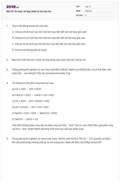 Bài 24: Sơ lược về hợp chất có oxi của clo