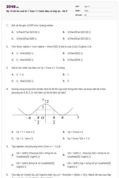 Bộ 10 đề thi cuối kì 1 Toán 11 Cánh diều có đáp án - Đề 9
