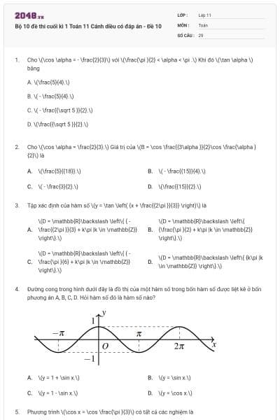 Bộ 10 đề thi cuối kì 1 Toán 11 Cánh diều có đáp án - Đề 10