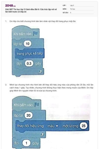Giải SBT Tin học lớp 5 Cánh diều Bài 6: Cấu trúc lặp với số lần biết trước có đáp án