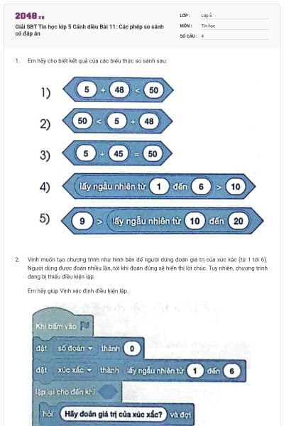 Giải SBT Tin học lớp 5 Cánh diều Bài 11: Các phép so sánh có đáp án