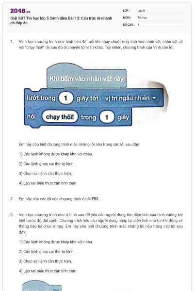 Giải SBT Tin học lớp 5 Cánh diều Bài 13: Cấu trúc rẽ nhánh có đáp án