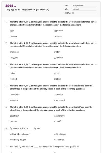 Tổng hợp đề thi Tiếng Anh có lời giải (Đề số 24)