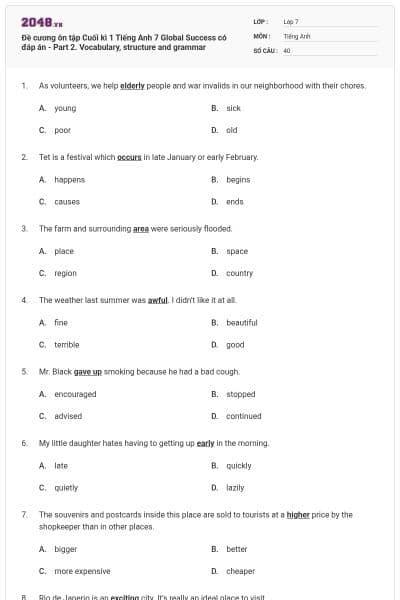 Đề cương ôn tập Cuối kì 1 Tiếng Anh 7 Global Success có đáp án - Part 2. Vocabulary, structure and grammar