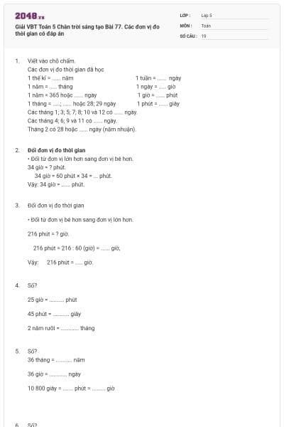 Giải VBT Toán 5 Chân trời sáng tạo Bài 77. Các đơn vị đo thời gian có đáp án