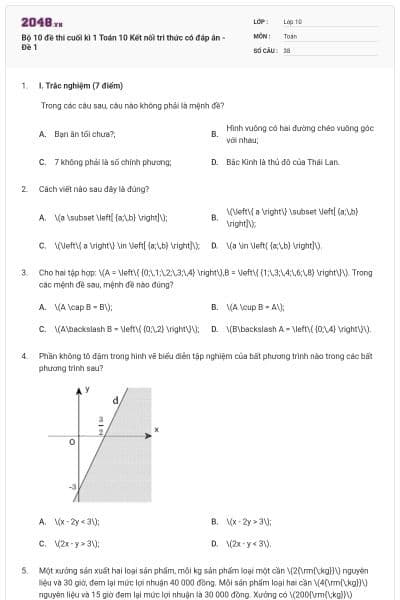 Bộ 10 đề thi cuối kì 1 Toán 10 Kết nối tri thức có đáp án - Đề 1