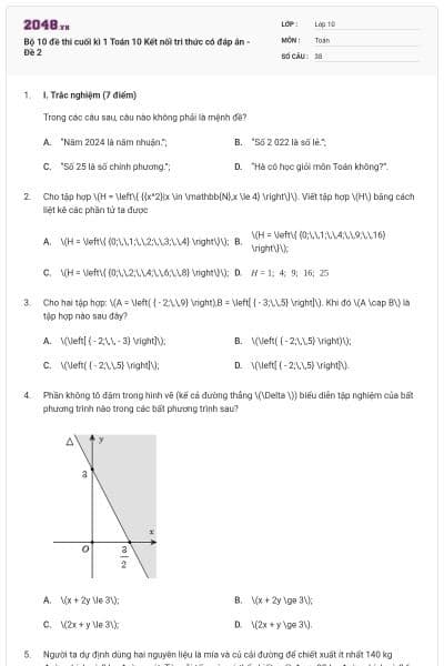 Bộ 10 đề thi cuối kì 1 Toán 10 Kết nối tri thức có đáp án - Đề 2