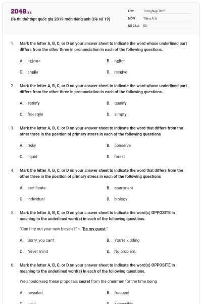 Đề thi thử thpt quốc gia 2019 môn tiếng anh (Đề số 19)