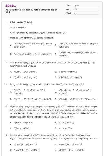 Bộ 10 đề thi cuối kì 1 Toán 10 Kết nối tri thức có đáp án - Đề 4