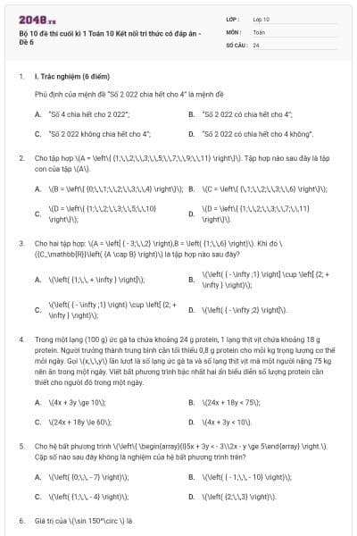 Bộ 10 đề thi cuối kì 1 Toán 10 Kết nối tri thức có đáp án - Đề 6