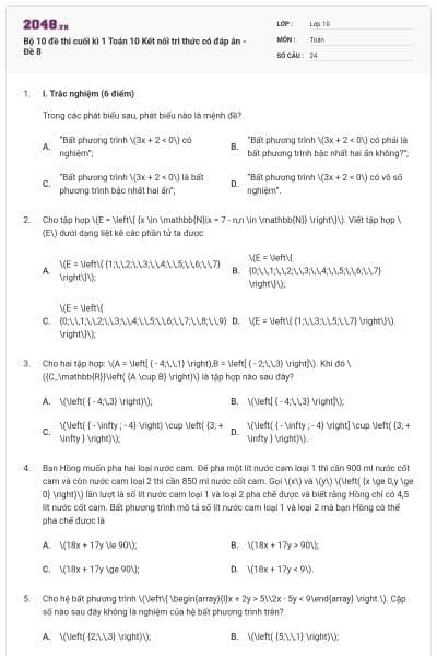 Bộ 10 đề thi cuối kì 1 Toán 10 Kết nối tri thức có đáp án - Đề 8