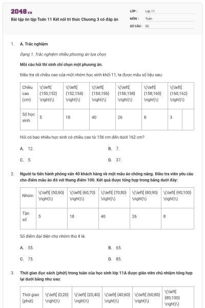 Bài tập ôn tập Toán 11 Kết nối tri thức Chương 3 có đáp án