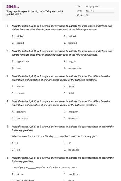 Tổng hợp đề luyện thi Đại Học môn Tiếng Anh có lời giải(Đề số 12)