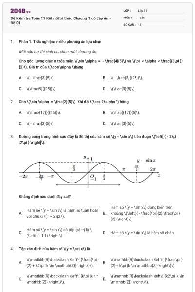 Đề kiểm tra Toán 11 Kết nối tri thức Chương 1 có đáp án - Đề 01