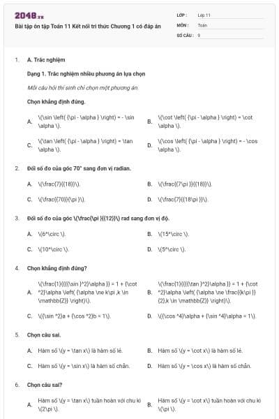 Bài tập ôn tập Toán 11 Kết nối tri thức Chương 1 có đáp án