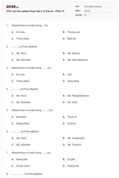 870+ câu trắc nghiệm Dược liệu 2 có đáp án - Phần 10