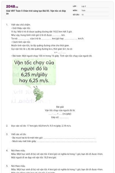 Giải VBT Toán 5 Chân trời sáng tạo Bài 83. Vận tốc có đáp án