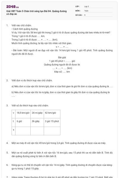 Giải VBT Toán 5 Chân trời sáng tạo Bài 84. Quãng đường có đáp án
