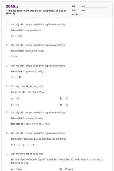 11 bài tập Toán 3 Cánh diều Bài 10: Bảng nhân 7 có đáp án (Phần 2)