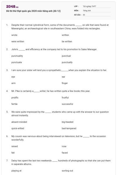 Đề thi thử thpt quốc gia 2020 môn tiếng anh (đề 12)