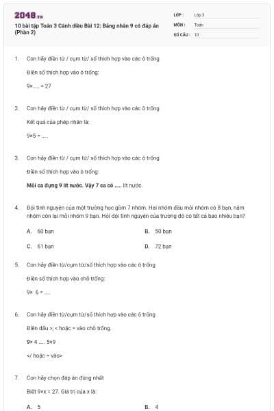 10 bài tập Toán 3 Cánh diều Bài 12: Bảng nhân 9 có đáp án (Phần 2)